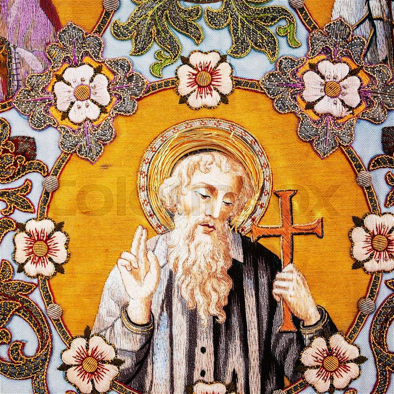 Old embroidered religious icon with Apostle Saint Thomas, stock photo