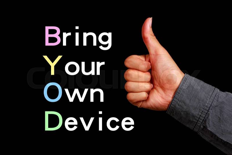 Bring your own device concept is on the blackboard with thumb up hand aside, stock photo