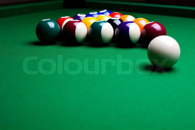 Billiard table and balls, vivid colors, natural tone, stock photo