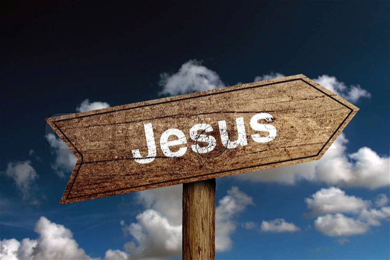 Jesus wooden road sign with cloud and blue sky background, stock photo