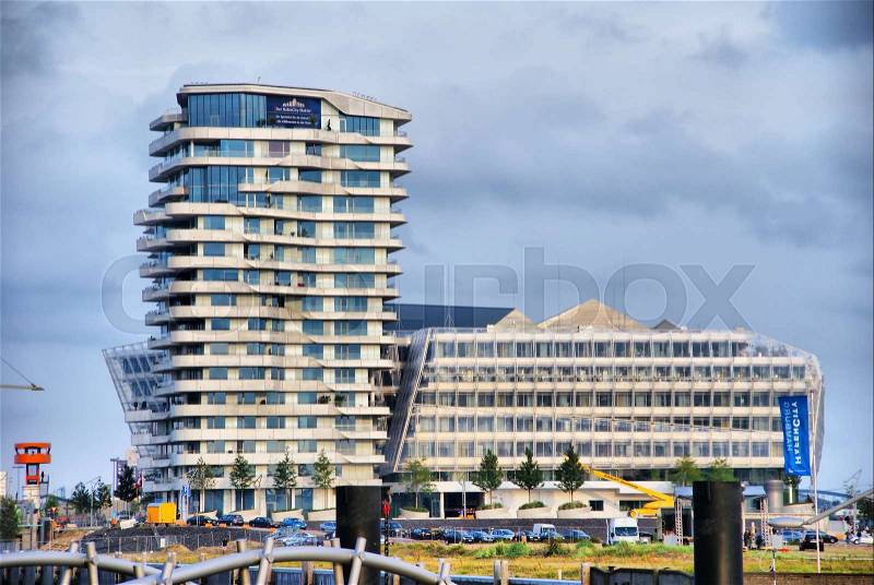 The Marco Polo Tower in the HafenCity in Hamburg, stock photo