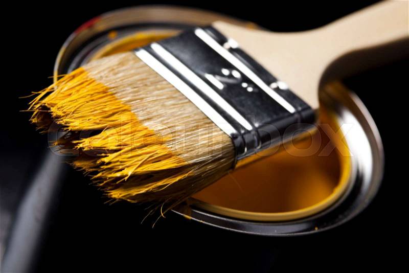 Paint and brushes, bright colorful tone concept, stock photo