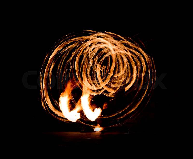 Fire Show Flaming Trails, Amazing Fire Show at night, stock photo