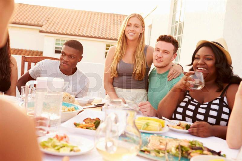 Group Of Young People Enjoying Outdoor Summer Meal, stock photo