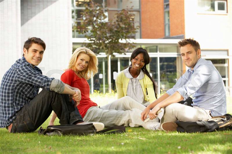 Mixed group of students outside college, stock photo