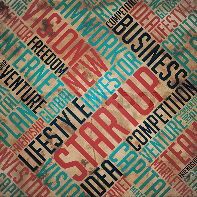 Startup - Red Word on Grunge Word Collage on Old Fulvous Paper, stock photo