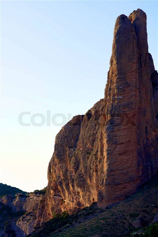 Fire Needle in Riglos Mountains; Huesca, Spain, stock photo