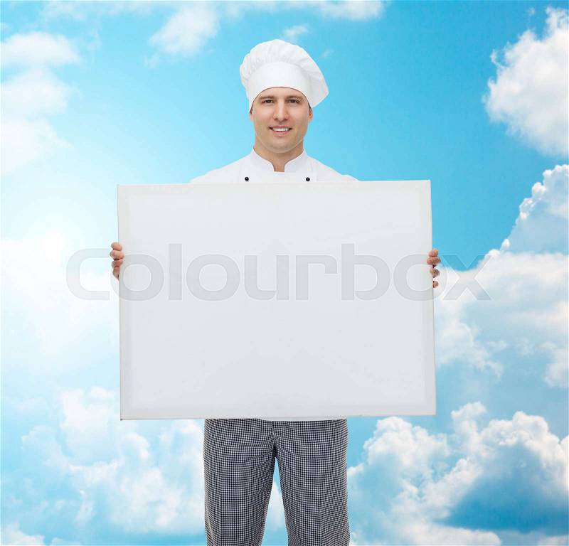 Cooking, profession, advertisement and people concept - happy male chef cook holding and showing white blank big board over blue sky with clouds background, stock photo