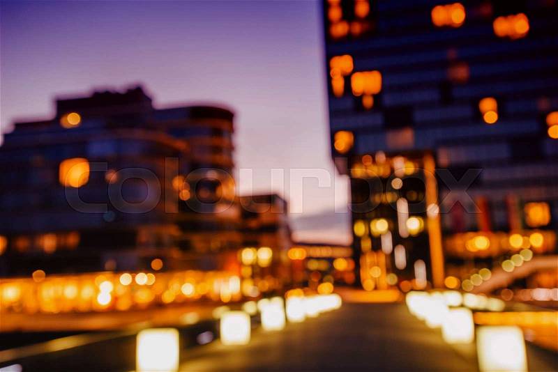 Night city Dusseldorf. hotel Hyatt.Germany. Natural blurred background. Soft light effect, stock photo