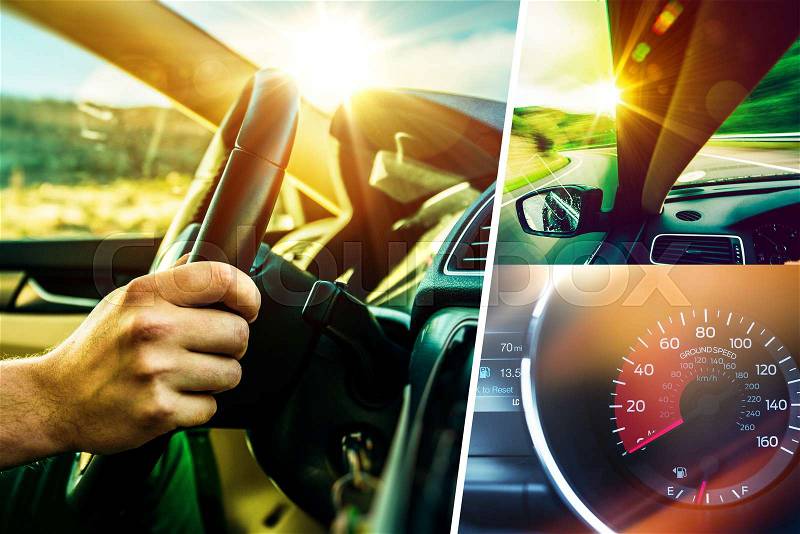 Car and Driver Concept Collage. Sunny Road Car Trip. Modern Transportation Theme, stock photo
