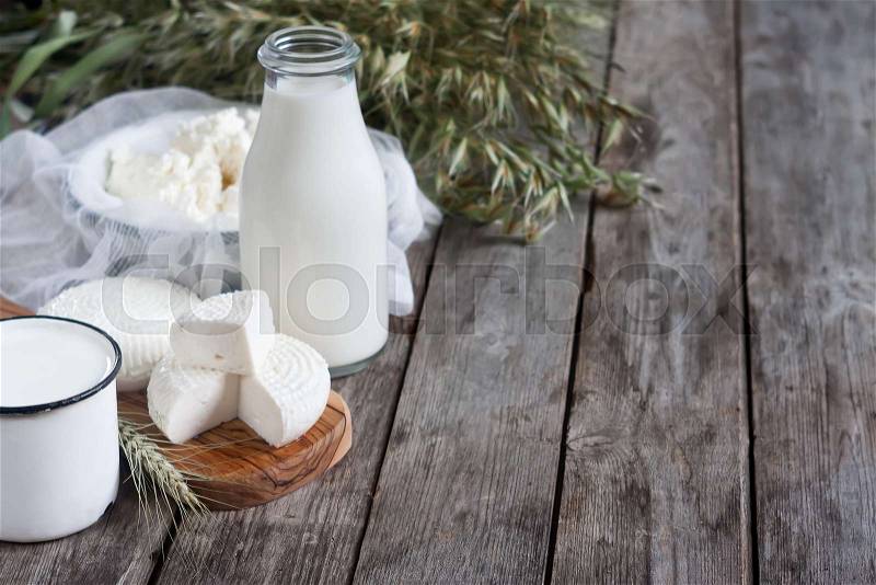 Tzfat cheese, milk, cottage cheese, wheat and oat grains on old wooden background. Concept of judaic holiday Shavuot, stock photo
