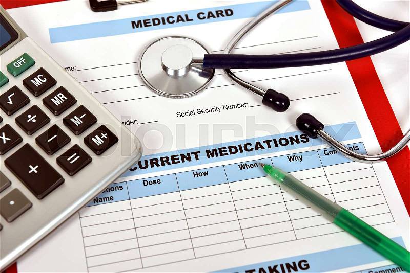 Clipboard with medical form and stethoscope, close up, stock photo