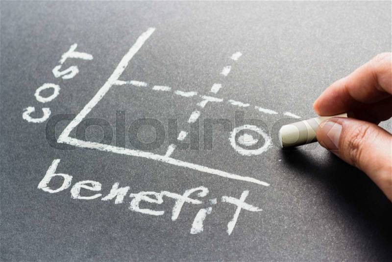 Hand writing graph of Cost and Benefit on chalkboard, stock photo