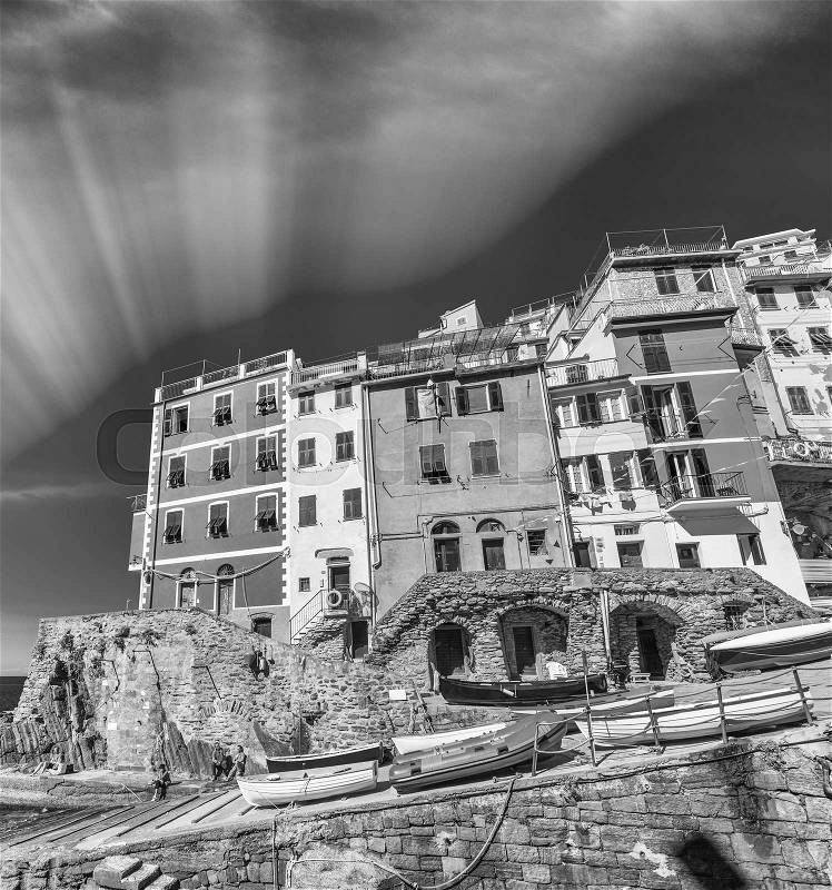 Black and white scenic view of Cinque Terre. Five Lands, Italy, stock photo