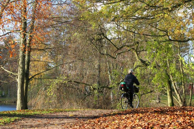 Lady on a cycle in autumn in the countryside in denmark, stock photo