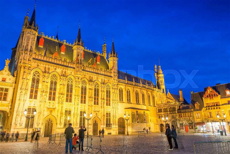 Burg square with the City Hall in Bruges, Belgium. Night view, stock photo