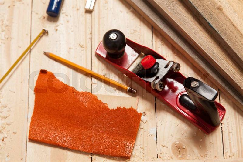Woodworking tools on a carpenter\'s table, stock photo