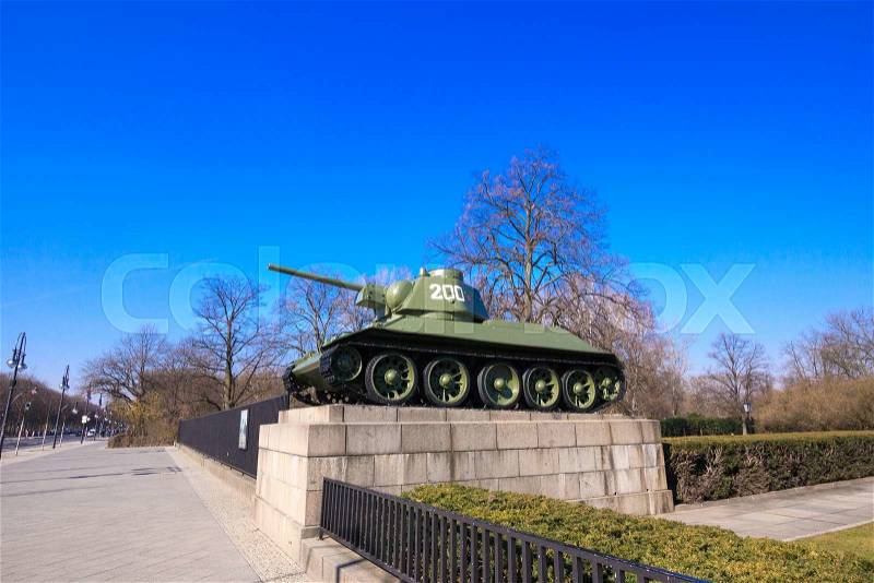 BERLIN, GERMANY - MARCH 19, 2015: Architectural detail of the Soviet War Memorial in Treptower Park in central Berlin. Russian tank of the WWII, stock photo