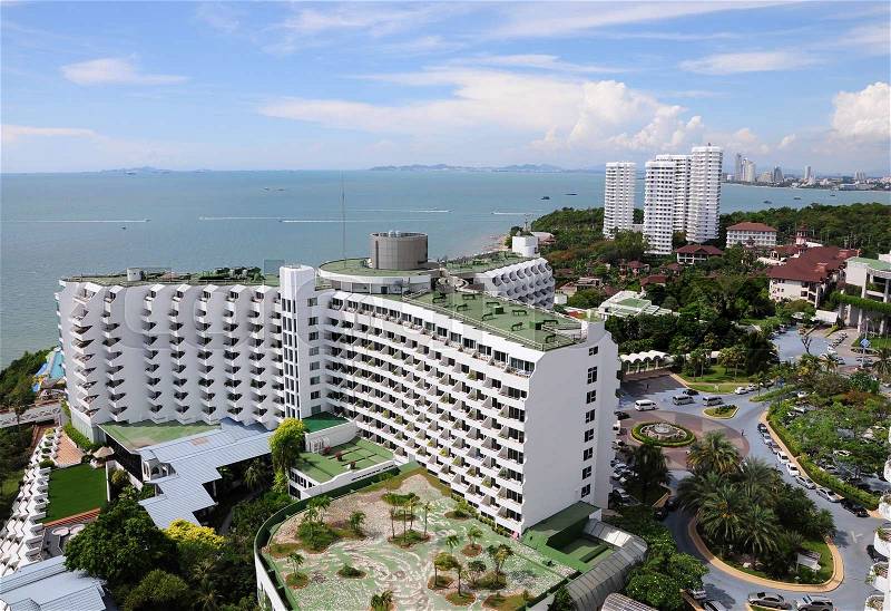 Aerial view of a hotel building and beach at pattaya, Thailand, stock photo