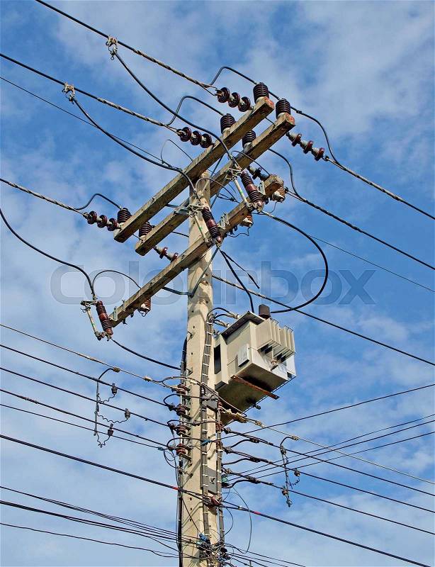 Electricity pylon on blue sky, stock photo