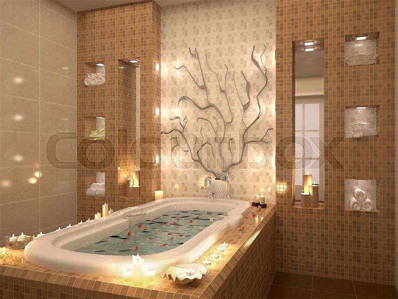 3d illustration of bath with rose petals by candlelight. Relaxing atmosphere, stock photo