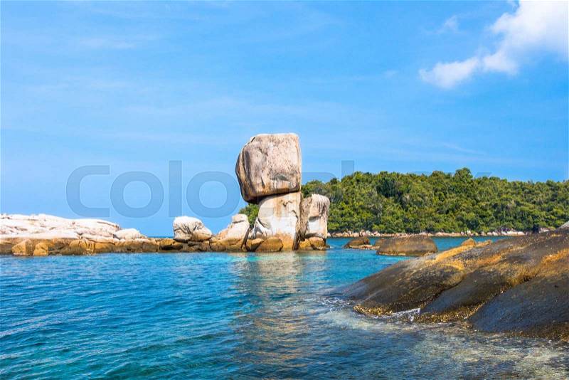 Hin son island is a small island near Lipe island. This island is very unique with a large stone that look like human face lay down on the other one that made by nature, stock photo