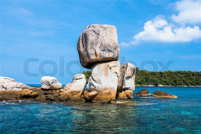 Hin son island is a small island near Lipe island. This island is very unique with a large stone that look like human face lay down on the other one that made by nature, stock photo