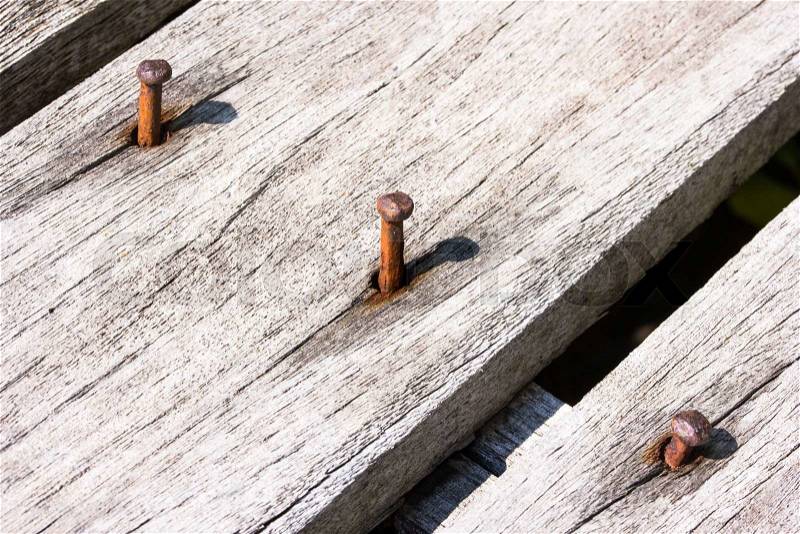 Close up of old nail in wood, stock photo