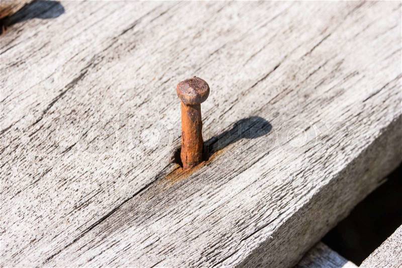 Close up of old nail in wood, stock photo