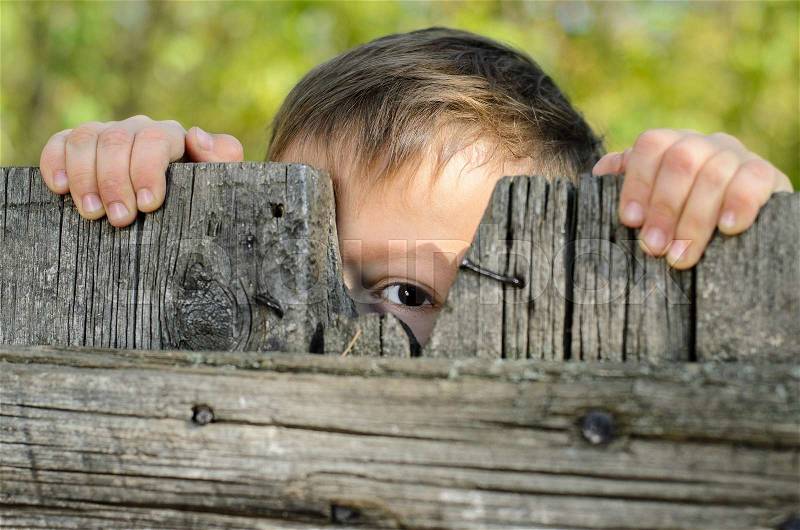 Close up Male Young Kid Peeking Over a Rustic Wooden Fence While Holding the Edge and Staring at the Camera, stock photo