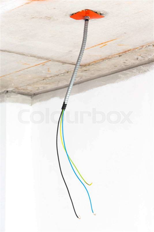 Close up electrical distribution system installation in new building, stock photo