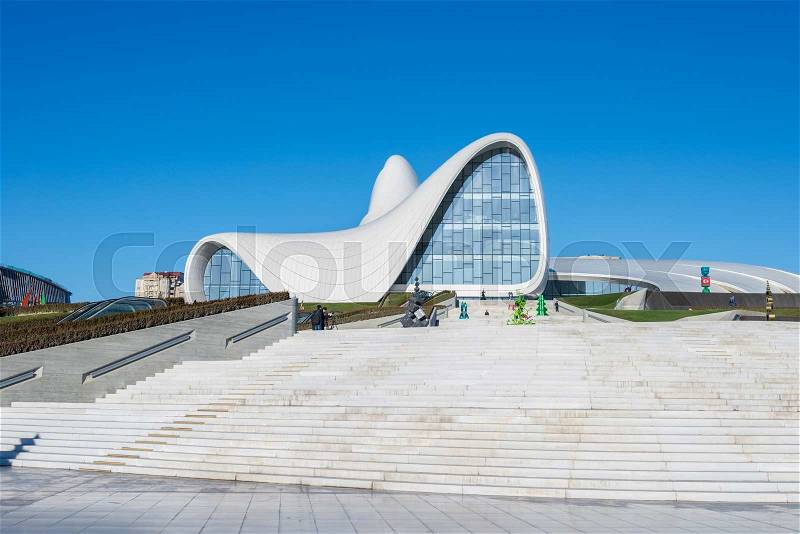 BAKU- DECEMBER 27: Heydar Aliyev Center on December 27, 2014 in Baku, Azerbaijan. Heydar Aliyev Center won the Design Museum\'s Designs of the Year Award in 2014, stock photo