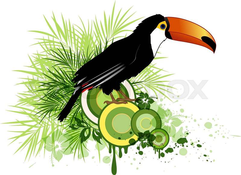 Summer decorative vector background with tropical flowers, green palm and bird, vector
