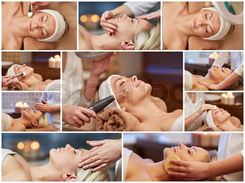 Beauty, healthy lifestyle and relaxation concept - collage of many pictures with beautiful young woman having facial massage and treatments by cosmetologist at spa salon, stock photo