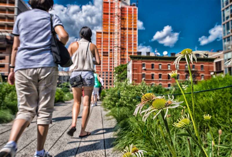 NEW YORK - CIRCA JUNE 2013: The High Line Park, New York, circa June 2013. The High Line is a popular linear park built on the elevated train tracks above Tenth Ave in New York City, stock photo