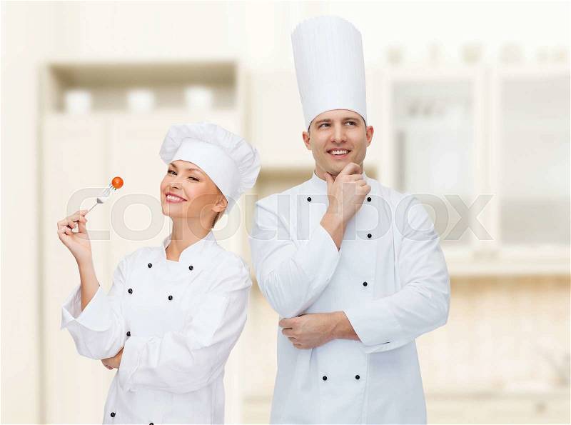 Cooking, profession, inspiration and people concept - happy male chef cook thinking, stock photo