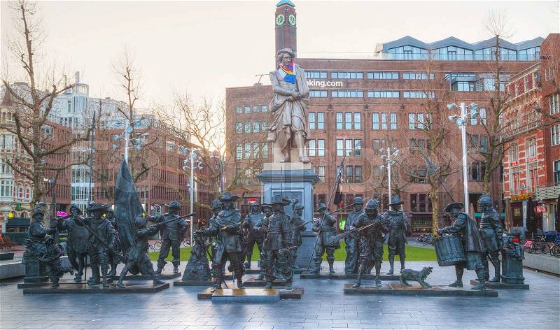 AMSTERDAM - APRIL 17: The Night Watch installation at Rembrandtplein on April 17, 2015 in Amsterdam, Netherlands. This bronze-cast representation is a part of the celebration of the artist\'s 400th birthday in 2006, stock photo