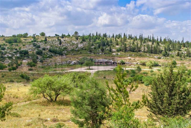 Israel landscape, forest, mountains with cave in Israel. Modiin, stock photo