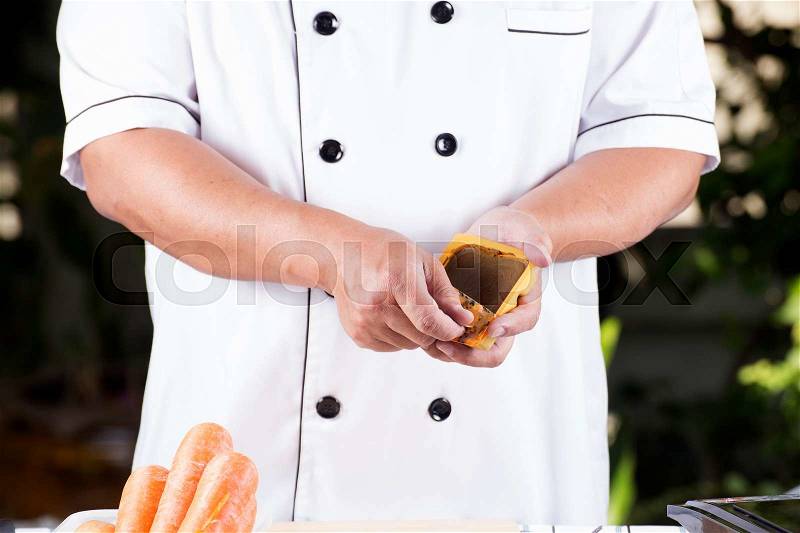 Chef presented curry pasted and ingredient of Japanese pork curry paste / cooking Japanese pork curry paste concept, stock photo