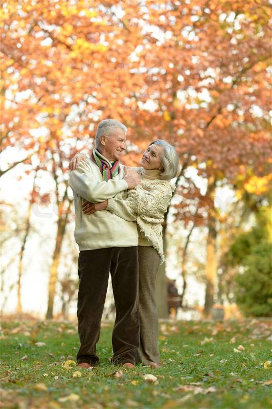 Beautiful happy old people in the autumn park, stock photo