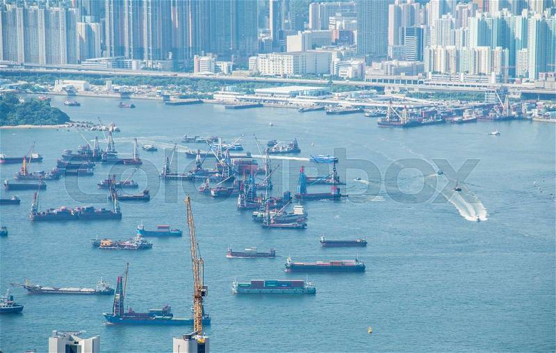 Busy Hong Kong port with many ships, stock photo