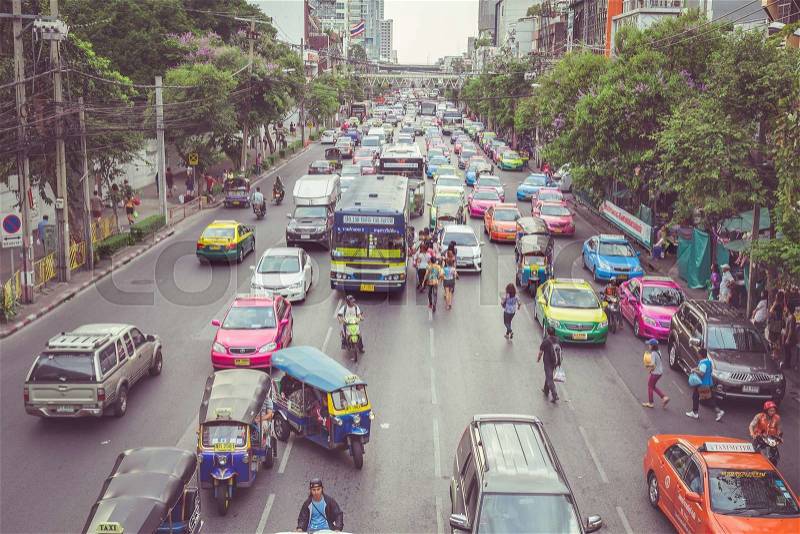BANGKOK - APRIL 11 : Traffic approaching a dead end on a busy street in the city center, on 11 April 2015 in Bangkok, Thailand. Congested roads Bangkok, stock photo