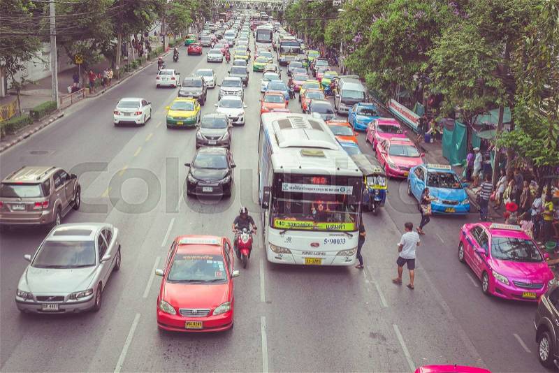 BANGKOK - APRIL 11 : Traffic approaching a dead end on a busy street in the city center, on 11 April 2015 in Bangkok, Thailand. Congested roads Bangkok, stock photo