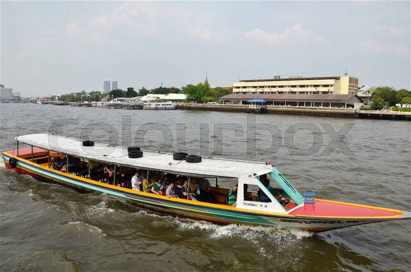 BANGKOK THAILAND - MAR 25: The tourists get on boat for sightseeing along Chao Phraya River in Bangkok on March 25 2015, stock photo