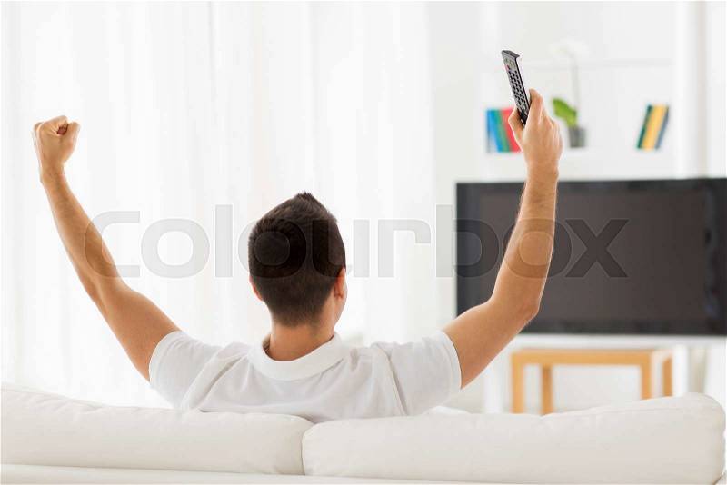 Leisure, technology, mass media and people concept - man watching tv and supporting team at home from back, stock photo