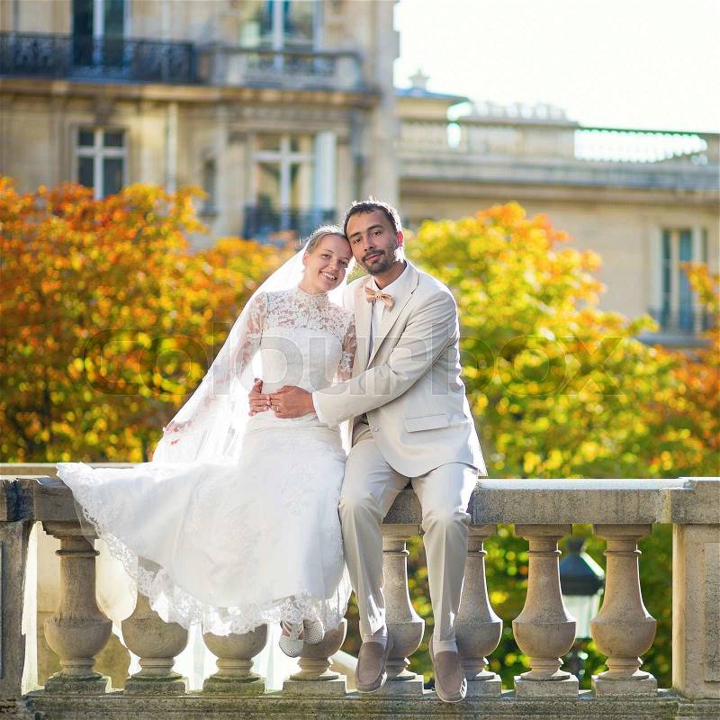 Happy just married couple in Paris on a fall day, stock photo