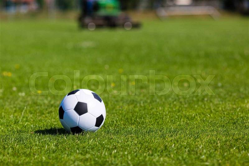 Black and white soccer ball on green soccer pitch, stock photo