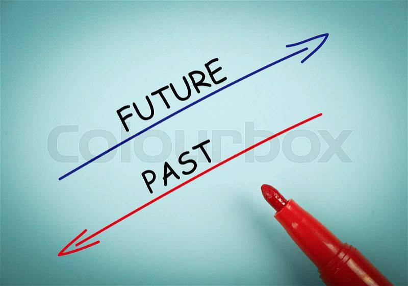 Future and past concept is on blue paper with a red marker aside, stock photo