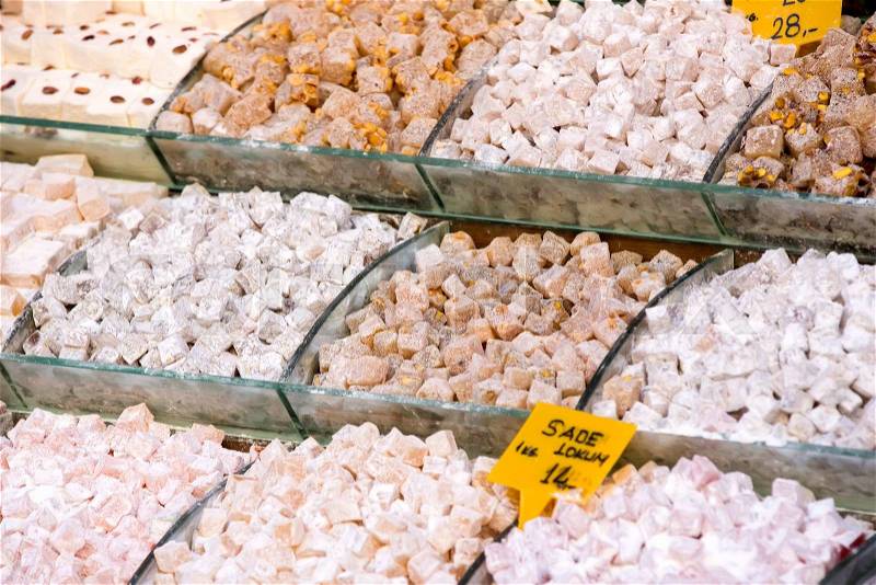 Turkish delight sweets background on the market in Istanbul, stock photo