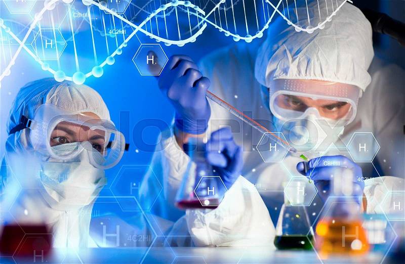Science, chemistry, biology, medicine and people concept - close up of scientists with pipette and flasks making test in clinical laboratory over hydrogen chemical formula and dna molecule structure, stock photo